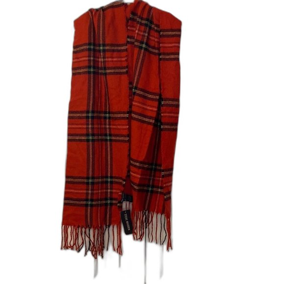 Steve Madden Accessories - Steve Madden Classic Tartan with Tassels Fringe Raw Edges Plaid Scarf Red